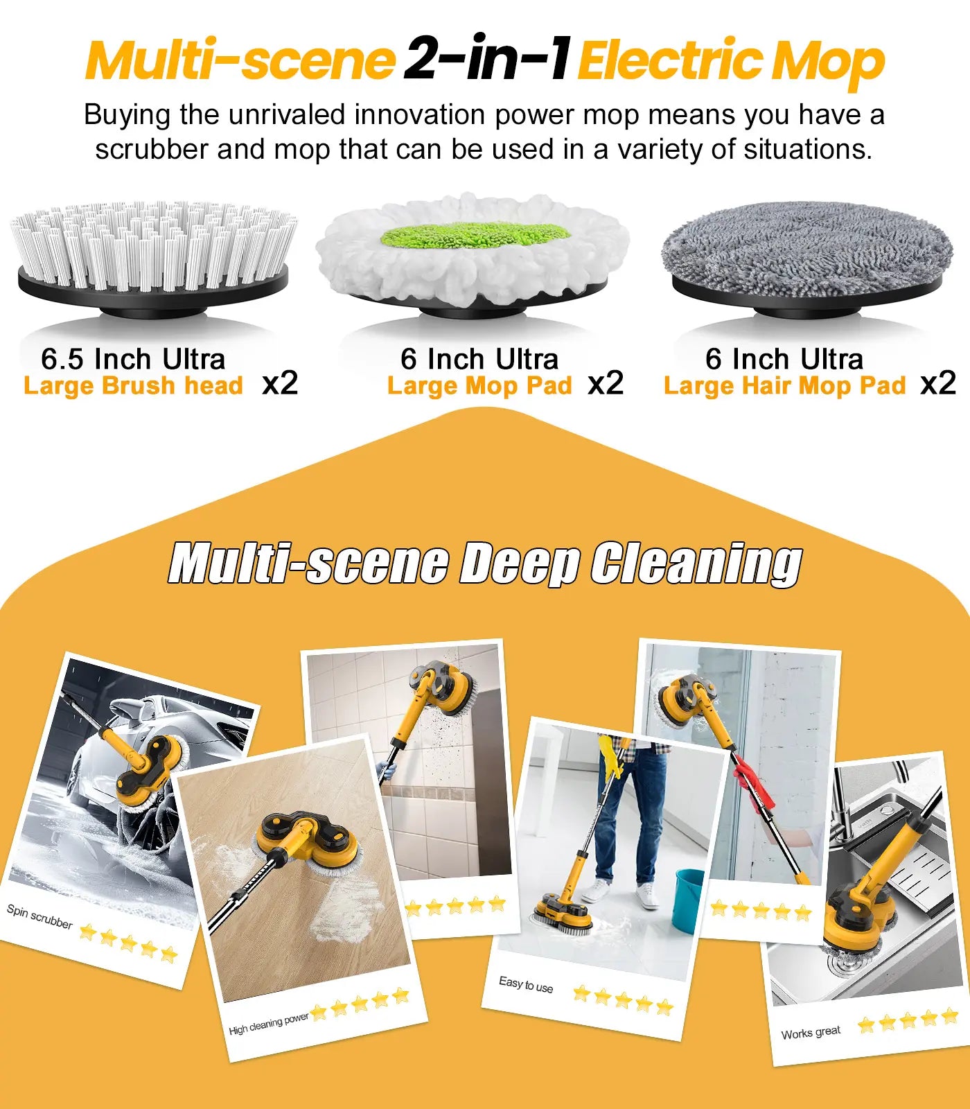 Qimedo 800RPM Cordless Electric Mop, 6000Mah Battery Electric Power Scrubber & Mops for Floor Cleaning, Best Automatic Spin Mops with Smart Display,Rotating Mop with LED Light & Water Spray