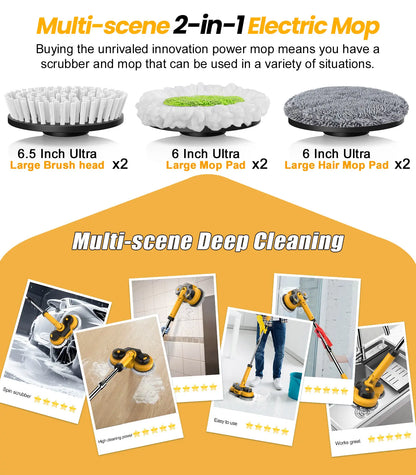 Qimedo 800RPM Cordless Electric Mop, 6000Mah Battery Electric Power Scrubber & Mops for Floor Cleaning, Best Automatic Spin Mops with Smart Display,Rotating Mop with LED Light & Water Spray