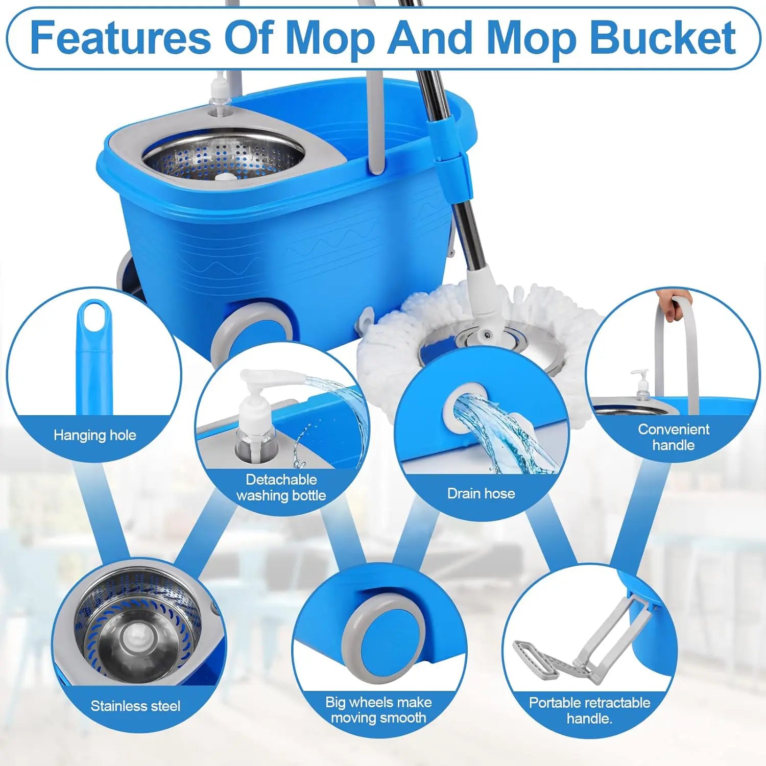 Spin Mop and Bucket with Wringer Set on Wheels, 360° Spin Mop Bucket System with 3 Microfiber Mop Heads, Adjustable Handle for Floor Cleaning (Blue)