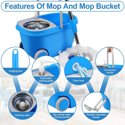 Spin Mop and Bucket with Wringer Set on Wheels, 360° Spin Mop Bucket System with 3 Microfiber Mop Heads, Adjustable Handle for Floor Cleaning (Blue)