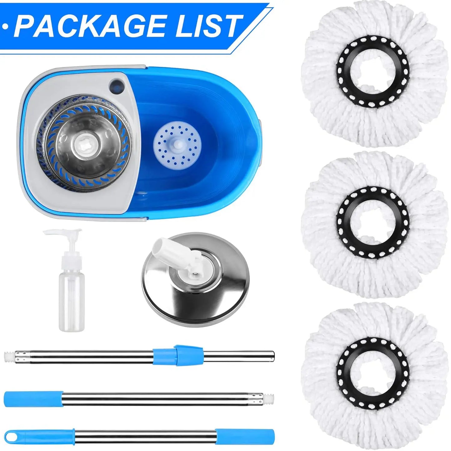 Spin Mop and Bucket with Wringer Set on Wheels, 360° Spin Mop Bucket System with 3 Microfiber Mop Heads, Adjustable Handle for Floor Cleaning (Blue)