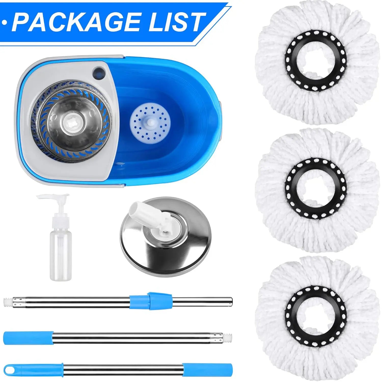Spin Mop and Bucket with Wringer Set on Wheels, 360° Spin Mop Bucket System with 3 Microfiber Mop Heads, Adjustable Handle for Floor Cleaning (Blue)