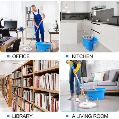 Spin Mop and Bucket with Wringer Set on Wheels, 360° Spin Mop Bucket System with 3 Microfiber Mop Heads, Adjustable Handle for Floor Cleaning (Blue)