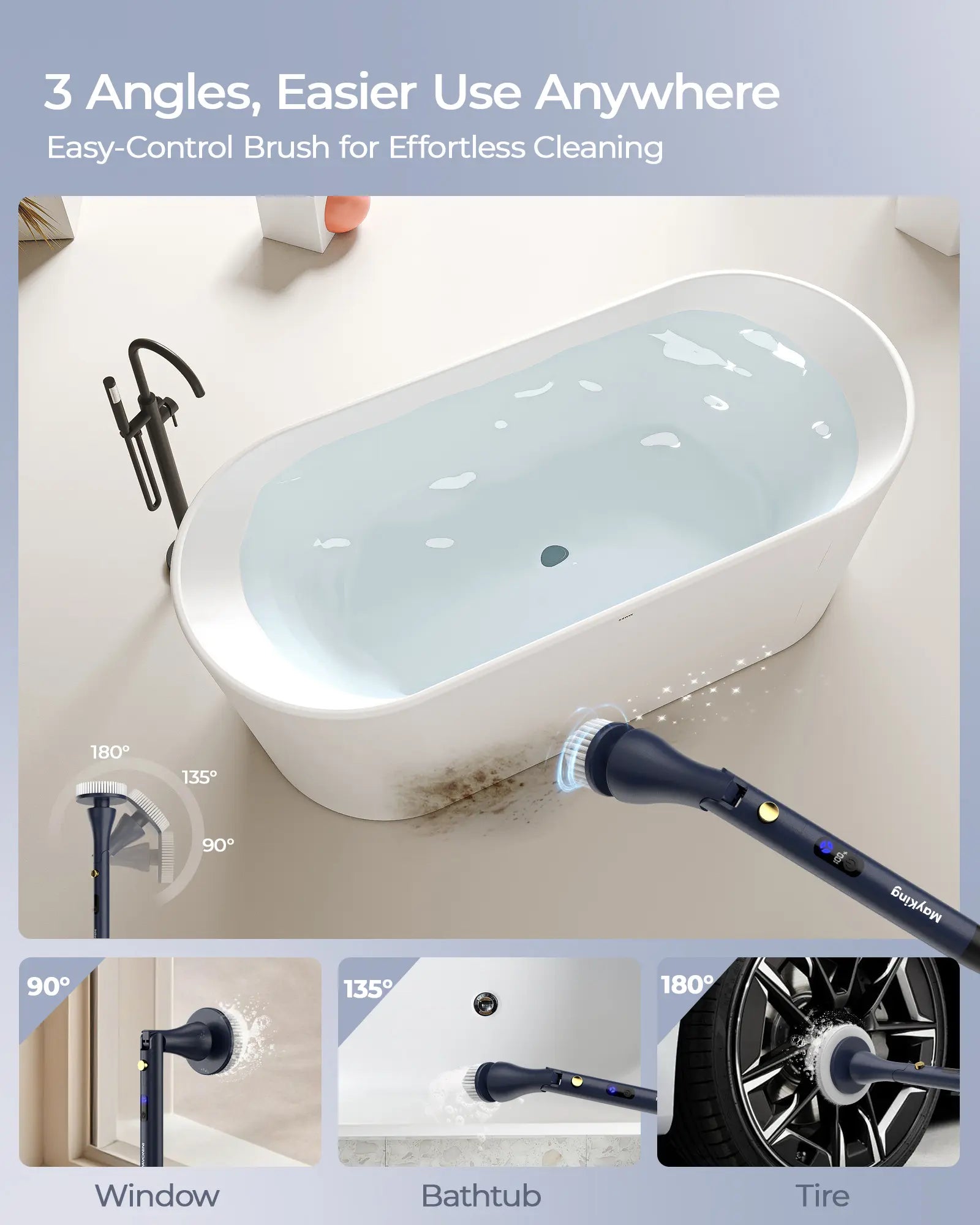 Mayking Electric Spin Scrubber with 9 Brush Heads, 3-Angle & 4-Length Adjustable Cordless Power Scrubber, 3-Speed & Battery LED Display, Electric Scrubber for Cleaning Bathroom Bathtub Floor Tiles Summerwins,Summerwins
