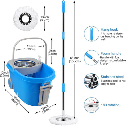Spin Mop and Bucket with Wringer Set on Wheels, 360° Spin Mop Bucket System with 3 Microfiber Mop Heads, Adjustable Handle for Floor Cleaning (Blue)