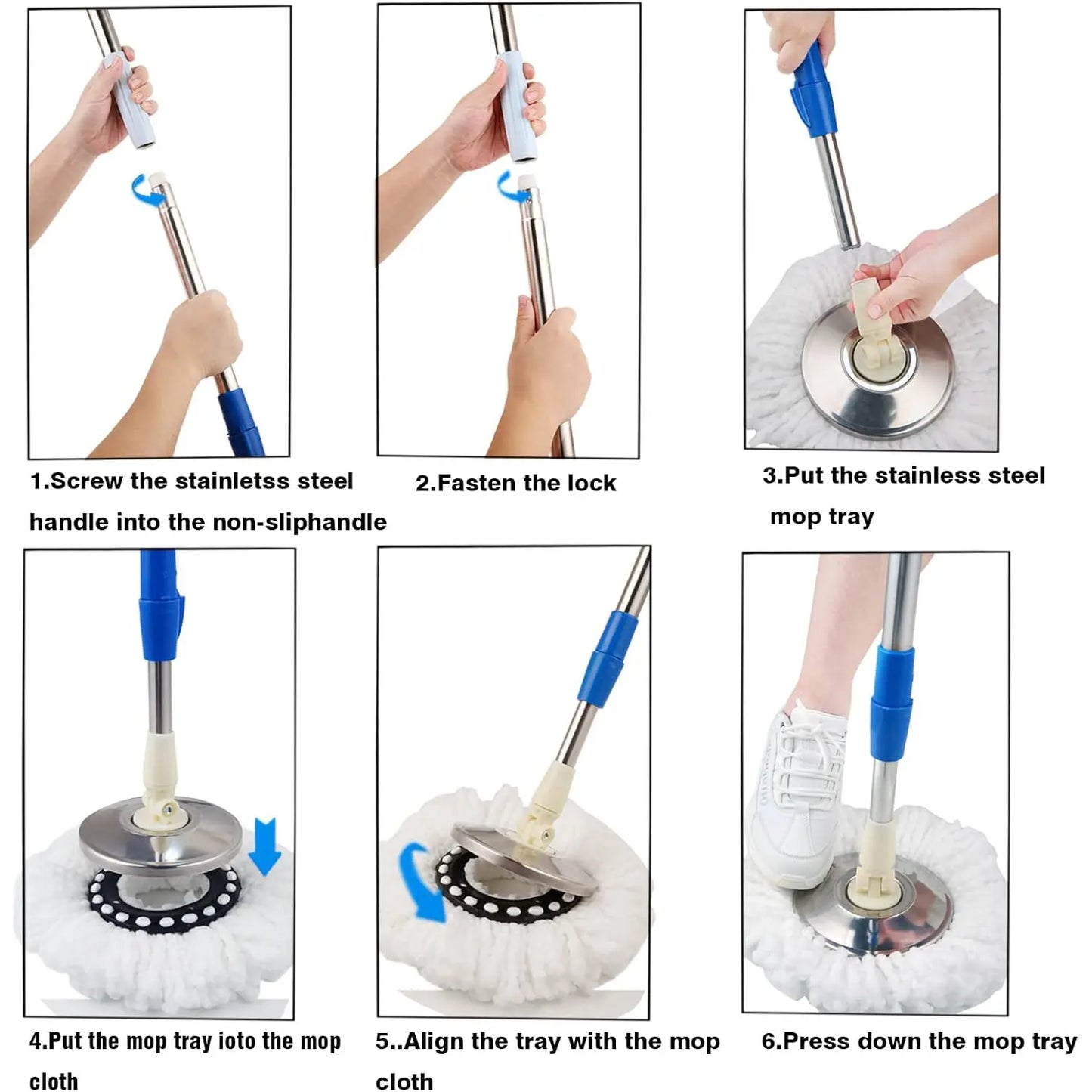 Spin Mop and Bucket with Wringer Set on Wheels, 360° Spin Mop Bucket System with 3 Microfiber Mop Heads, Adjustable Handle for Floor Cleaning (Blue)