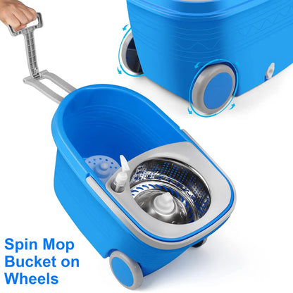 Spin Mop and Bucket with Wringer Set on Wheels, 360° Spin Mop Bucket System with 3 Microfiber Mop Heads, Adjustable Handle for Floor Cleaning (Blue)