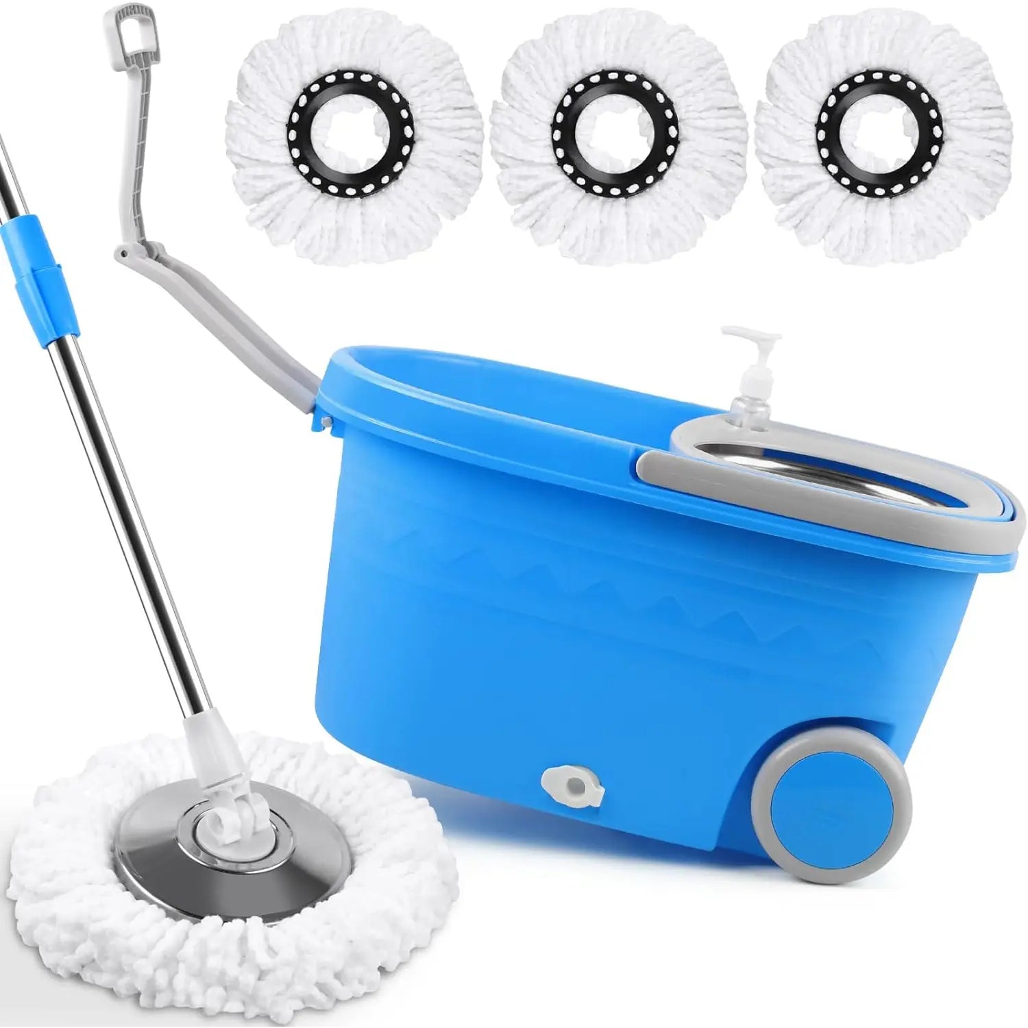 Spin Mop and Bucket with Wringer Set on Wheels, 360° Spin Mop Bucket System with 3 Microfiber Mop Heads, Adjustable Handle for Floor Cleaning (Blue)
