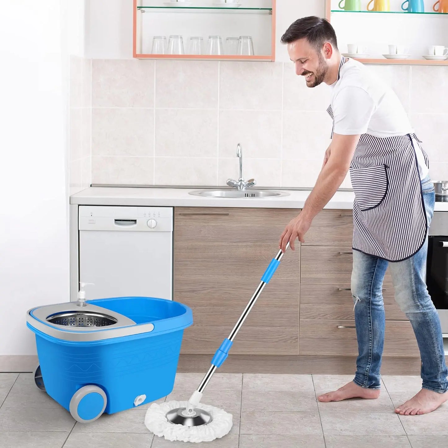 Spin Mop and Bucket with Wringer Set on Wheels, 360° Spin Mop Bucket System with 3 Microfiber Mop Heads, Adjustable Handle for Floor Cleaning (Blue)