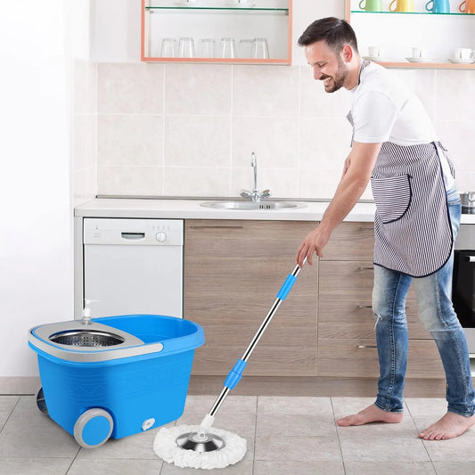 Spin Mop and Bucket with Wringer Set on Wheels, 360° Spin Mop Bucket System with 3 Microfiber Mop Heads, Adjustable Handle for Floor Cleaning (Blue)
