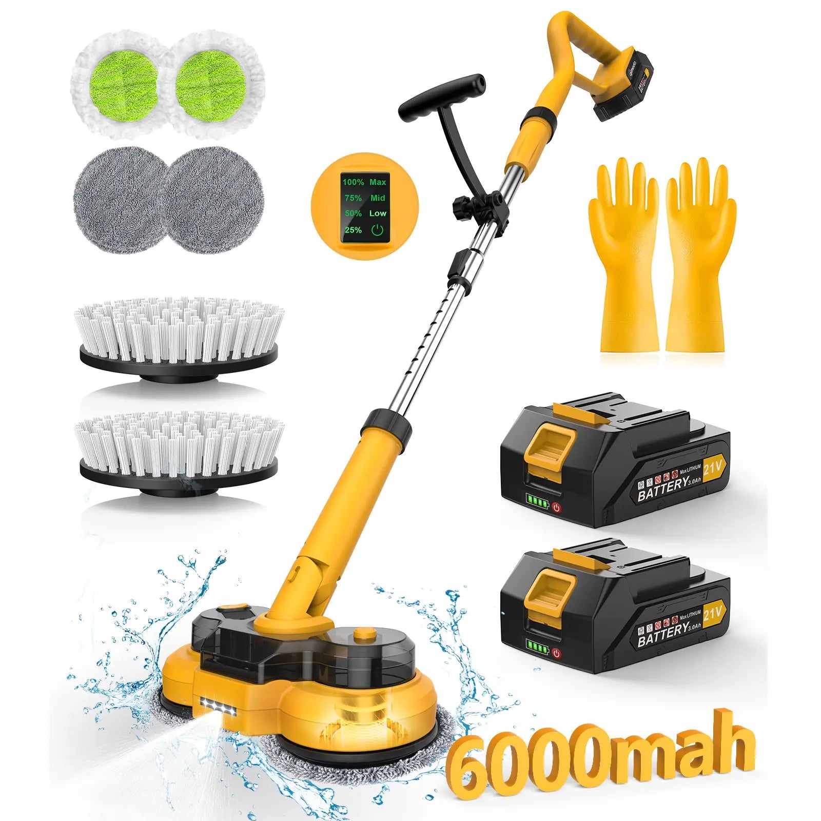 Qimedo 800RPM Cordless Electric Mop, 6000Mah Battery Electric Power Scrubber & Mops for Floor Cleaning, Best Automatic Spin Mops with Smart Display,Rotating Mop with LED Light & Water Spray