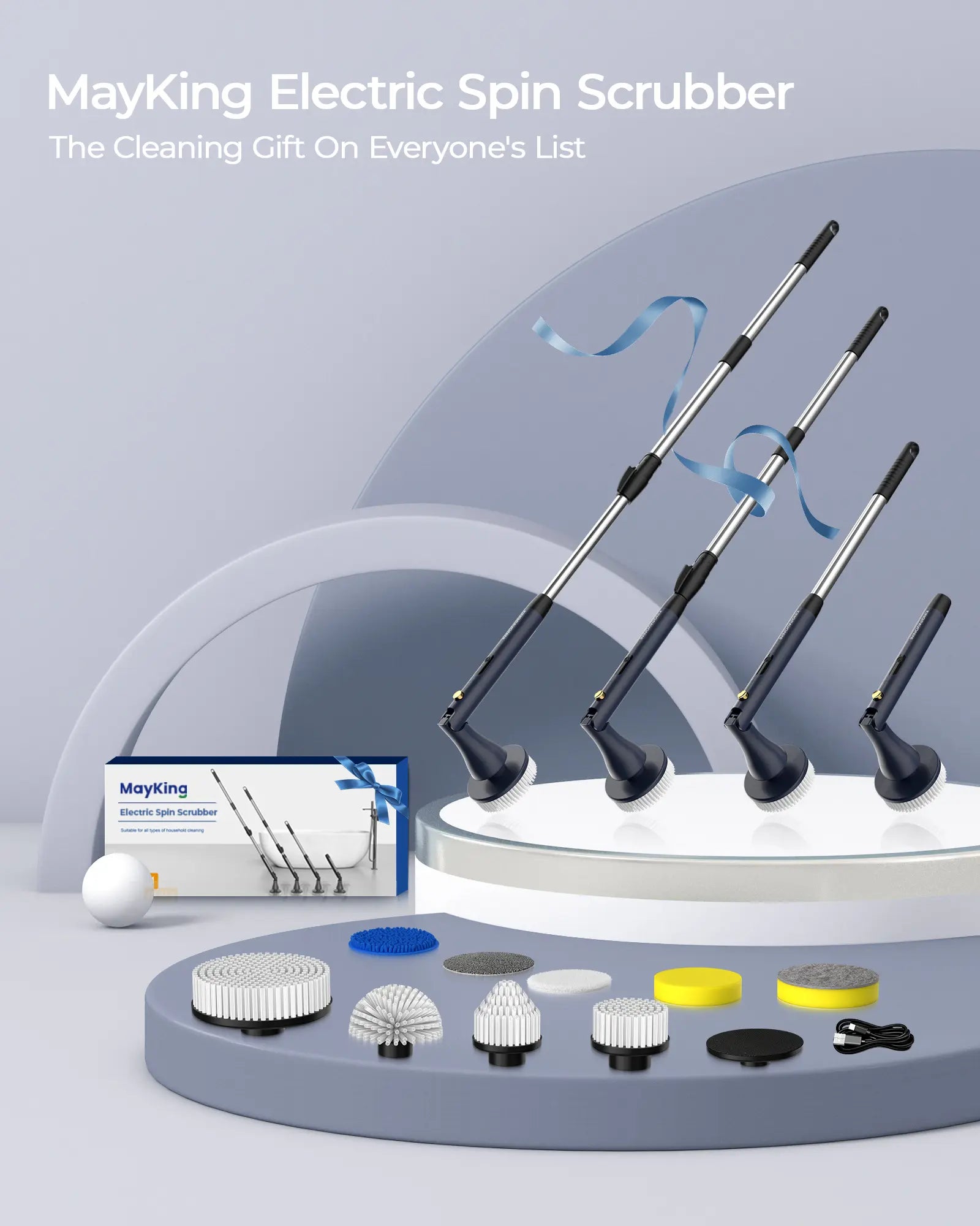 Mayking Electric Spin Scrubber with 9 Brush Heads, 3-Angle & 4-Length Adjustable Cordless Power Scrubber, 3-Speed & Battery LED Display, Electric Scrubber for Cleaning Bathroom Bathtub Floor Tiles Summerwins,Summerwins