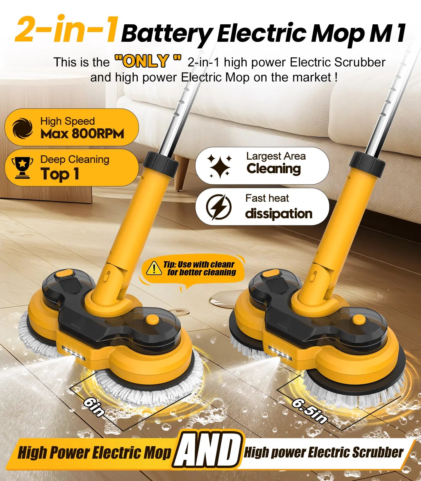 Qimedo 800RPM Cordless Electric Mop, 6000Mah Battery Electric Power Scrubber & Mops for Floor Cleaning, Best Automatic Spin Mops with Smart Display,Rotating Mop with LED Light & Water Spray