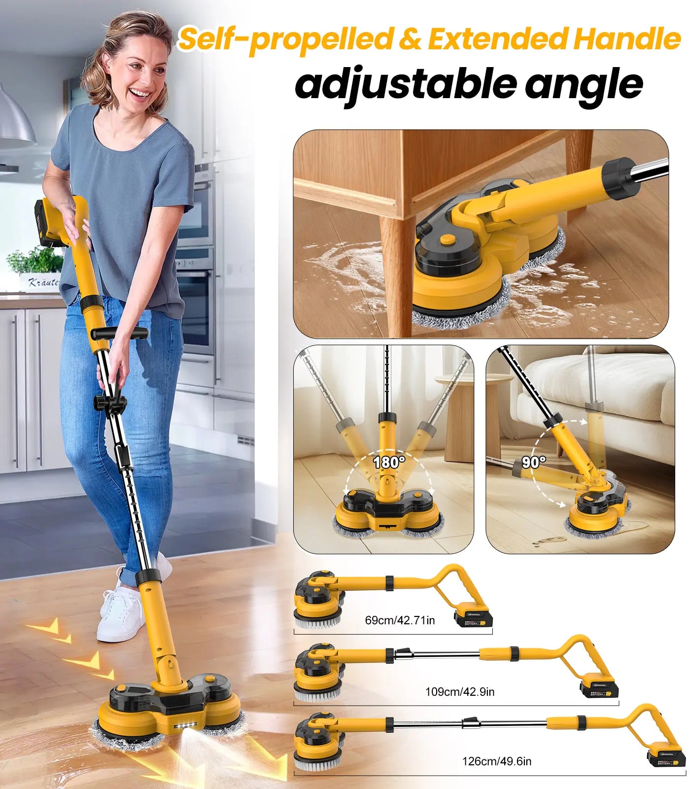 Qimedo 800RPM Cordless Electric Mop, 6000Mah Battery Electric Power Scrubber & Mops for Floor Cleaning, Best Automatic Spin Mops with Smart Display,Rotating Mop with LED Light & Water Spray